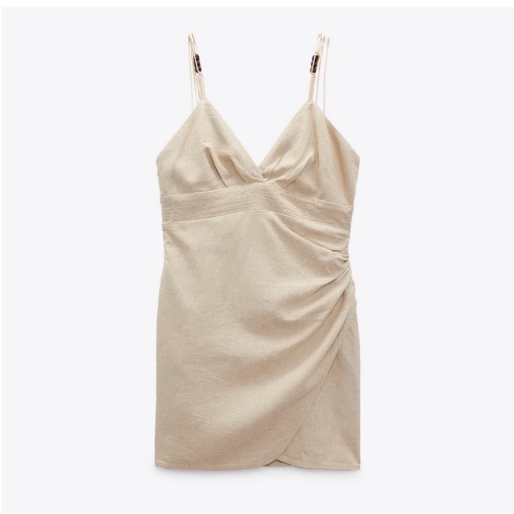 Zara Cream Wrap-Style Ruched Linen Dress